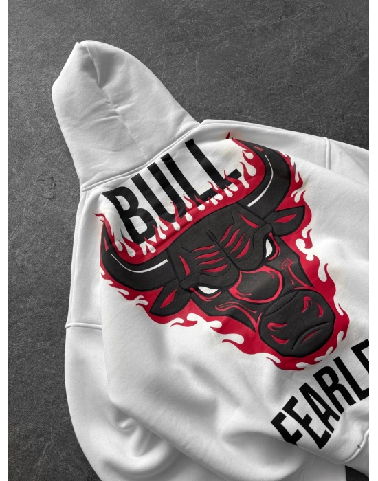 KAPÜŞON BULLS BASKI OVERSİZE 3 İPLİK SWEAT BEYAZ