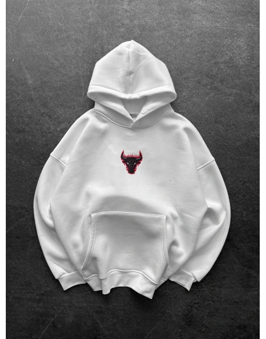 KAPÜŞON BULLS BASKI OVERSİZE 3 İPLİK SWEAT BEYAZ