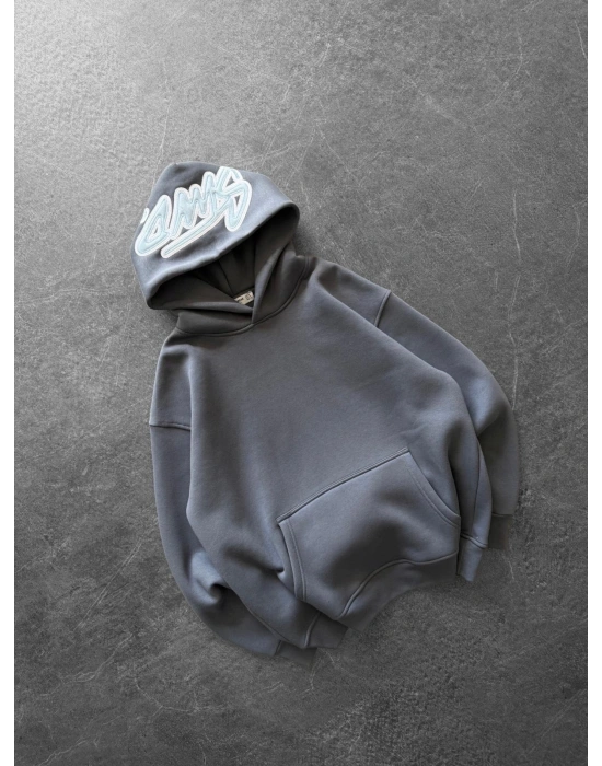 KAPÜŞON NAKIŞLI 3 İPLİK PAMUKLU KUMAŞ OVERSİZE STW SWEAT ANTRASİT