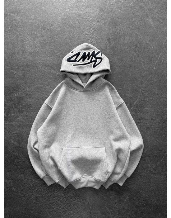 KAPÜŞON NAKIŞLI 3 İPLİK PAMUKLU KUMAŞ OVERSİZE STW SWEAT GRİ