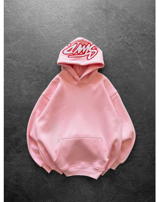KAPÜŞON NAKIŞLI 3 İPLİK PAMUKLU KUMAŞ OVERSİZE STW SWEAT PEMBE