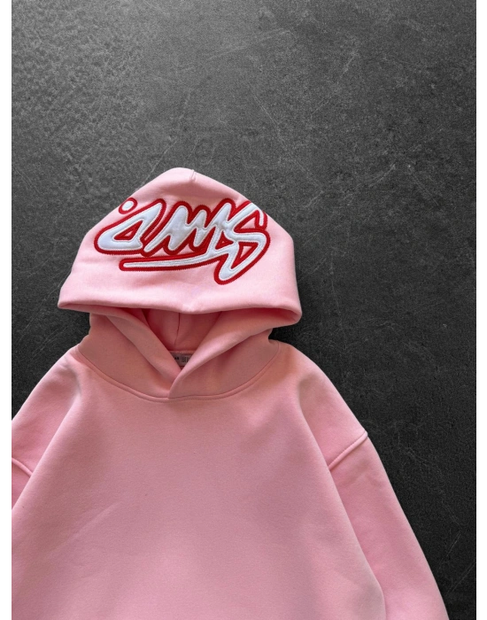 KAPÜŞON NAKIŞLI 3 İPLİK PAMUKLU KUMAŞ OVERSİZE STW SWEAT PEMBE