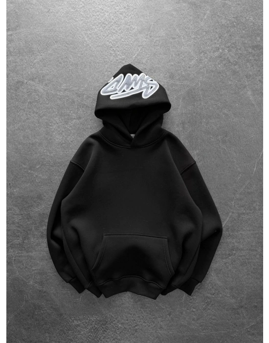 KAPÜŞON NAKIŞLI 3 İPLİK PAMUKLU KUMAŞ OVERSİZE STW SWEAT SİYAH
