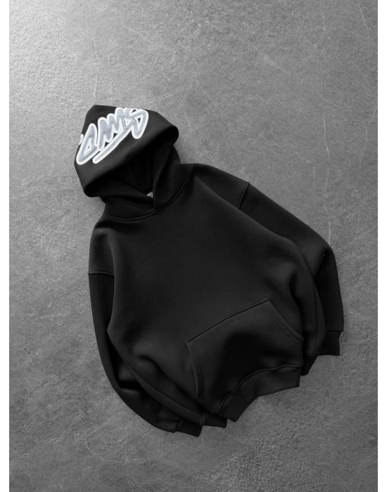 KAPÜŞON NAKIŞLI 3 İPLİK PAMUKLU KUMAŞ OVERSİZE STW SWEAT SİYAH