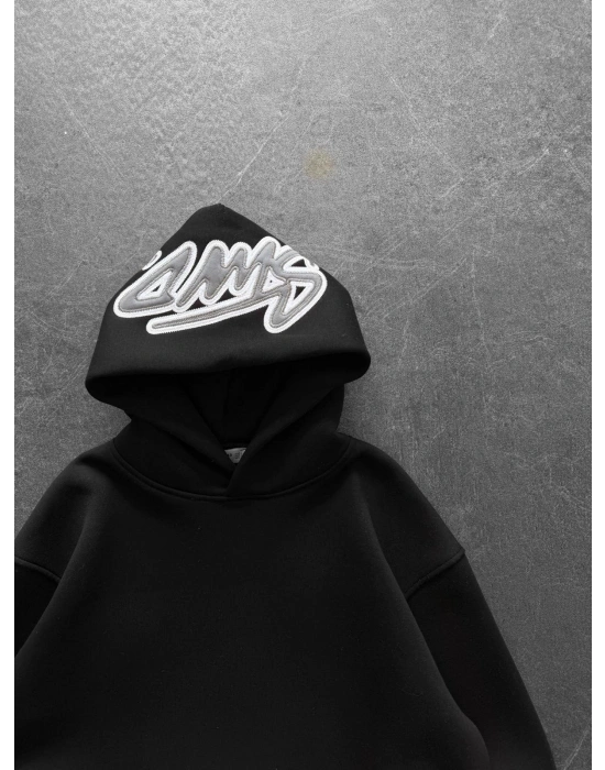 KAPÜŞON NAKIŞLI 3 İPLİK PAMUKLU KUMAŞ OVERSİZE STW SWEAT SİYAH