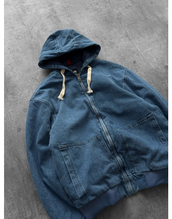 KAPÜŞONLU OVERSİZE KOT CEKET MAVİ