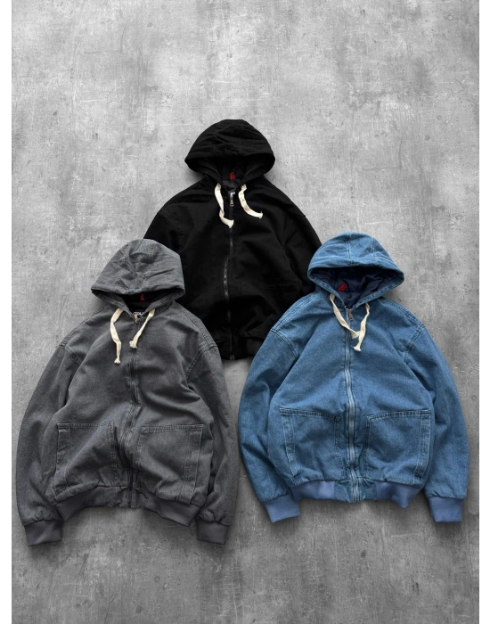 KAPÜŞONLU OVERSİZE KOT CEKET MAVİ