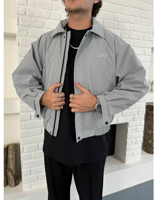 KARBON KUMAŞ NAKIŞ DETAY STWD OVERSİZE CEKET GRİ