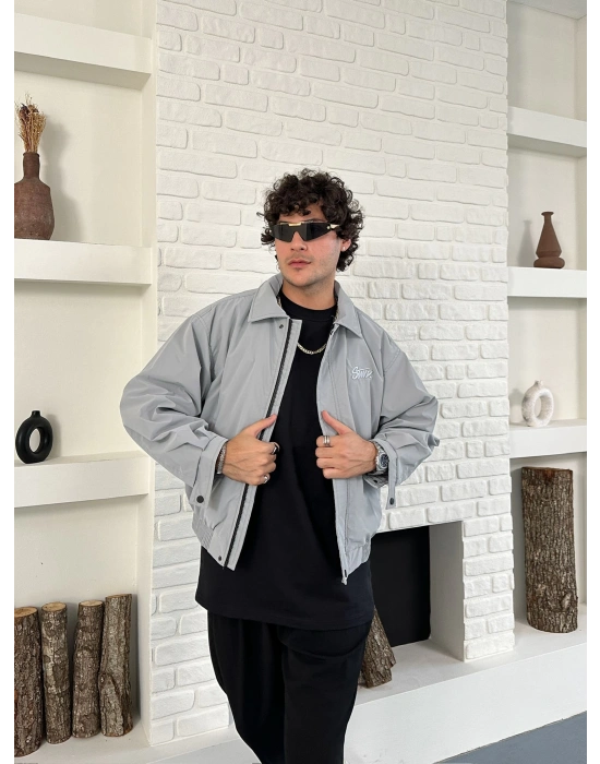 KARBON KUMAŞ NAKIŞ DETAY STWD OVERSİZE CEKET GRİ