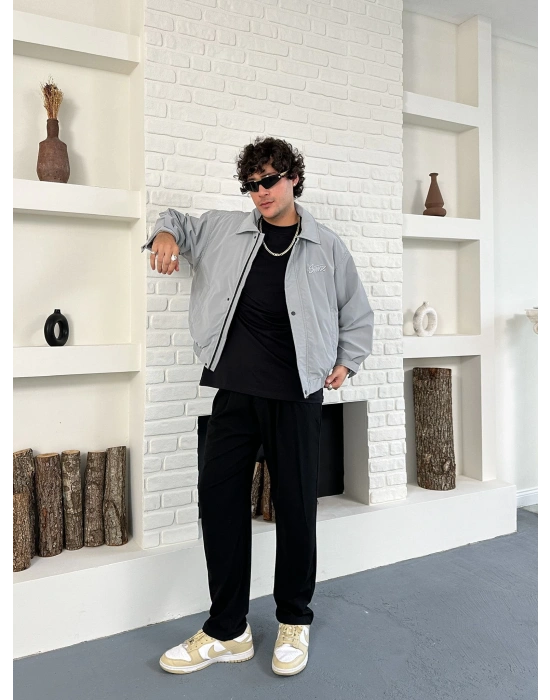 KARBON KUMAŞ NAKIŞ DETAY STWD OVERSİZE CEKET GRİ