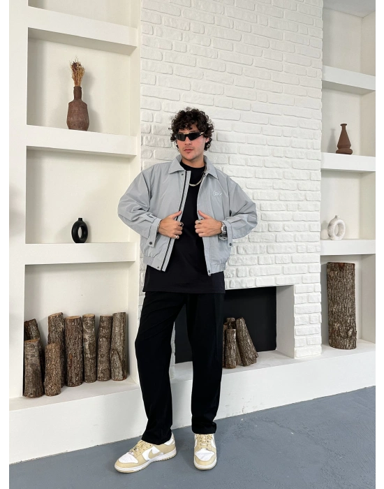 KARBON KUMAŞ NAKIŞ DETAY STWD OVERSİZE CEKET GRİ