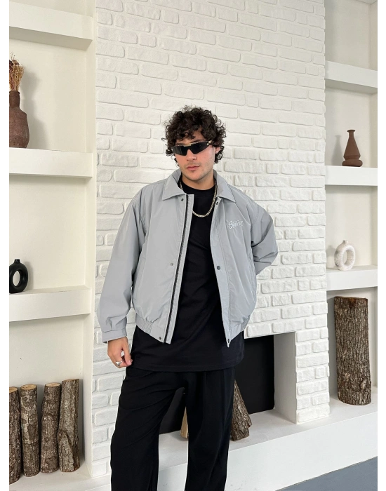 KARBON KUMAŞ NAKIŞ DETAY STWD OVERSİZE CEKET GRİ