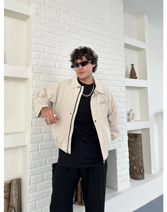 KARBON KUMAŞ NAKIŞ DETAY STWD OVERSİZE CEKET KREM