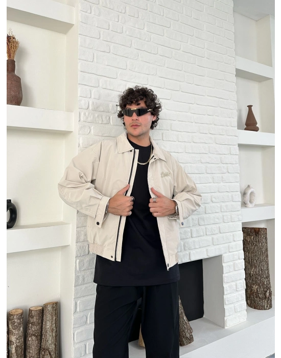 KARBON KUMAŞ NAKIŞ DETAY STWD OVERSİZE CEKET KREM