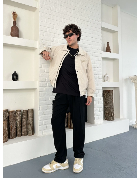 KARBON KUMAŞ NAKIŞ DETAY STWD OVERSİZE CEKET KREM