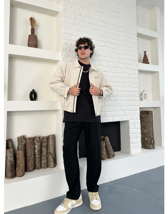 KARBON KUMAŞ NAKIŞ DETAY STWD OVERSİZE CEKET KREM