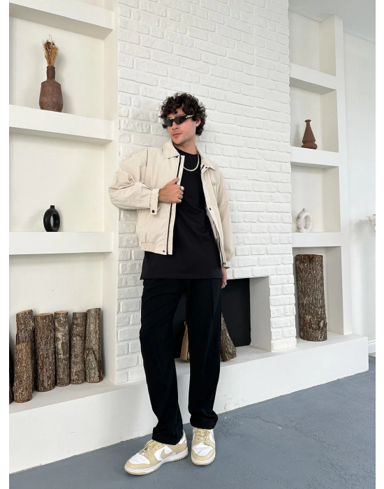 KARBON KUMAŞ NAKIŞ DETAY STWD OVERSİZE CEKET KREM