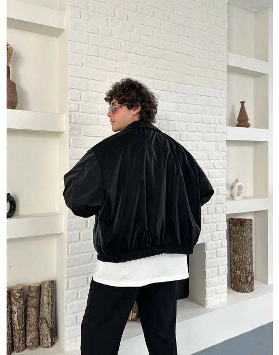 KARBON KUMAŞ NAKIŞ DETAY STWD OVERSİZE CEKET SİYAH