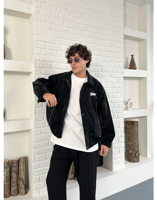 KARBON KUMAŞ NAKIŞ DETAY STWD OVERSİZE CEKET SİYAH