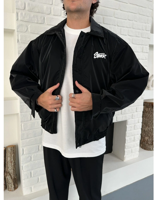 KARBON KUMAŞ NAKIŞ DETAY STWD OVERSİZE CEKET SİYAH