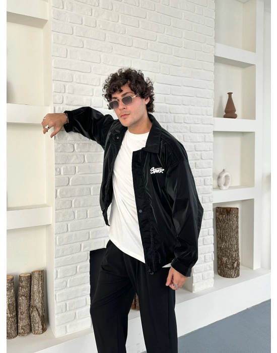 KARBON KUMAŞ NAKIŞ DETAY STWD OVERSİZE CEKET SİYAH