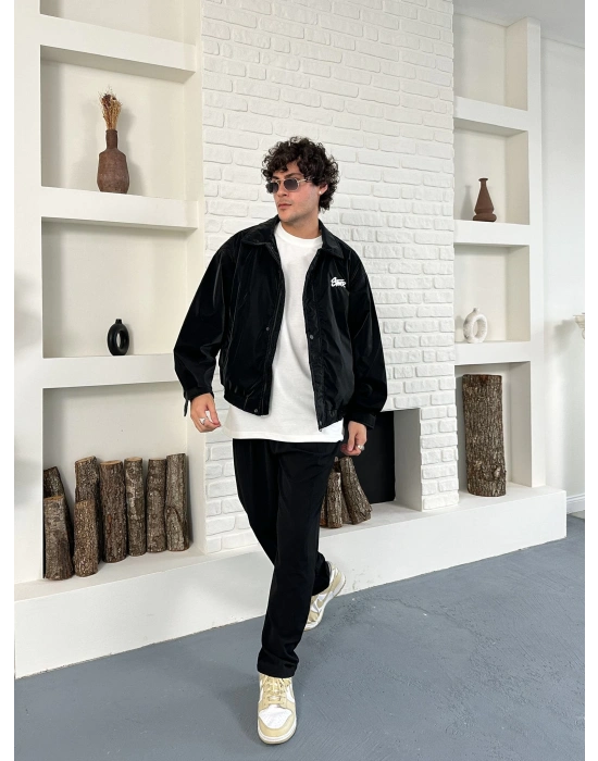 KARBON KUMAŞ NAKIŞ DETAY STWD OVERSİZE CEKET SİYAH