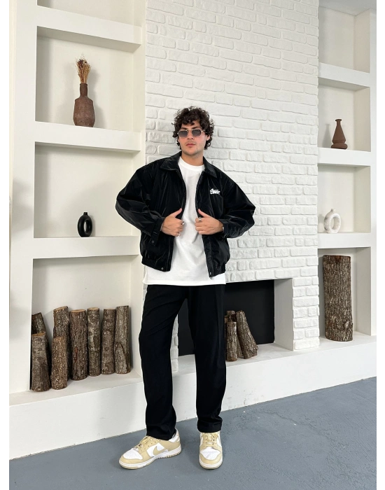 KARBON KUMAŞ NAKIŞ DETAY STWD OVERSİZE CEKET SİYAH