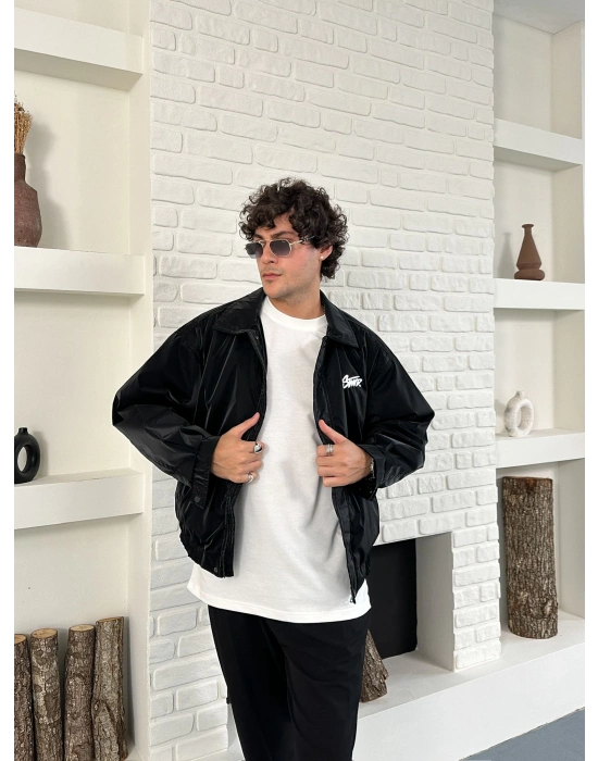 KARBON KUMAŞ NAKIŞ DETAY STWD OVERSİZE CEKET SİYAH