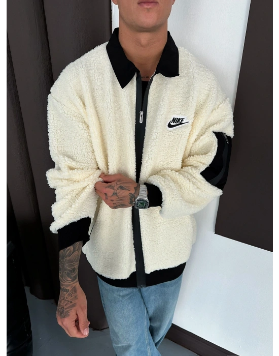 KOL CEP DETAY OVERSİZE PELUŞ HIRKA BEYAZ