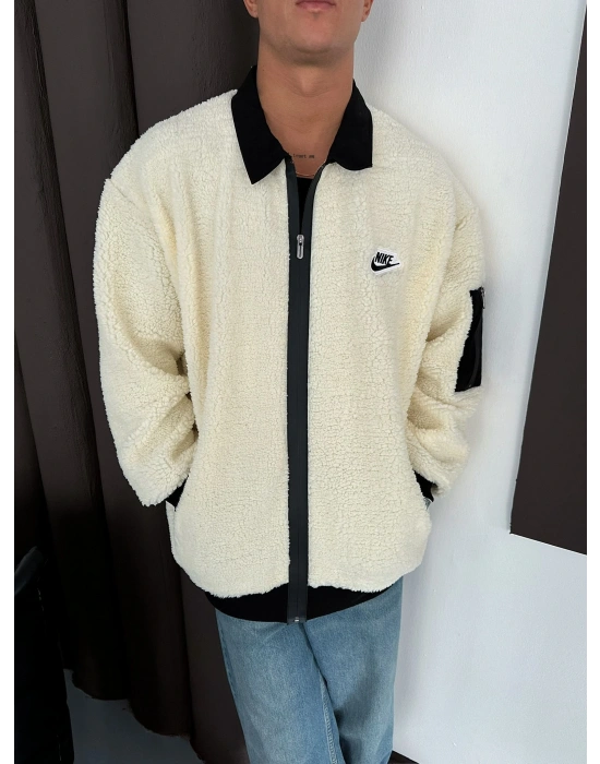 KOL CEP DETAY OVERSİZE PELUŞ HIRKA BEYAZ