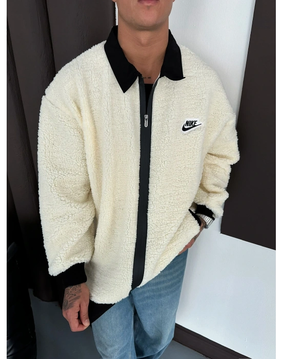 KOL CEP DETAY OVERSİZE PELUŞ HIRKA BEYAZ