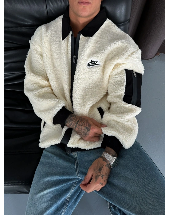 KOL CEP DETAY OVERSİZE PELUŞ HIRKA BEYAZ