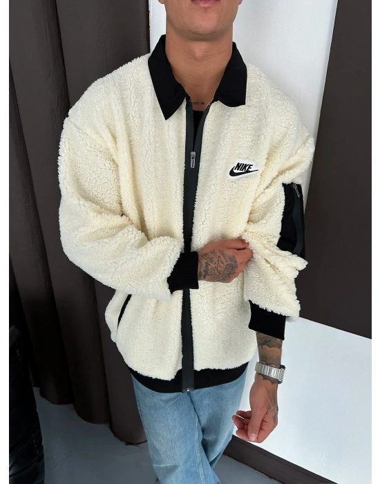 KOL CEP DETAY OVERSİZE PELUŞ HIRKA BEYAZ