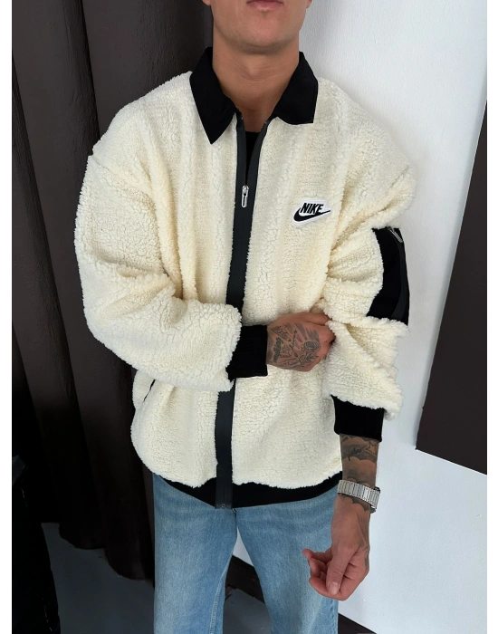 KOL CEP DETAY OVERSİZE PELUŞ HIRKA BEYAZ