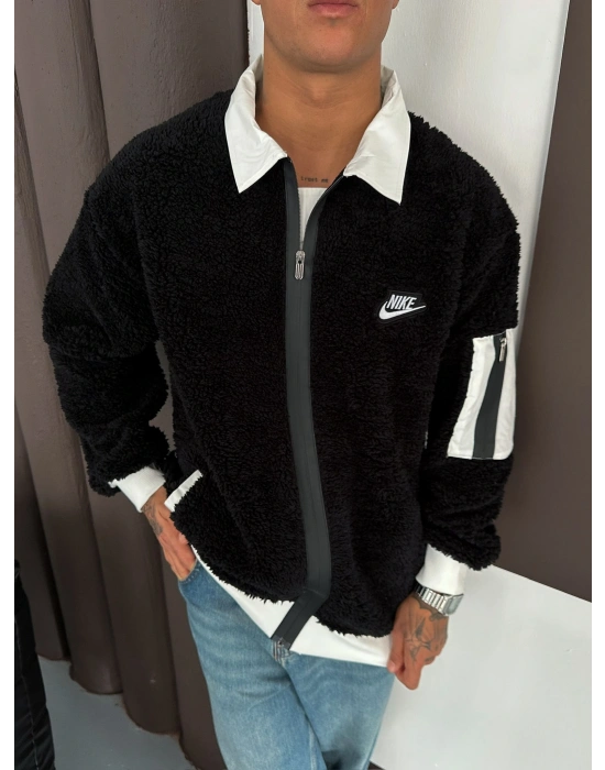 KOL CEP DETAY OVERSİZE PELUŞ HIRKA SİYAH