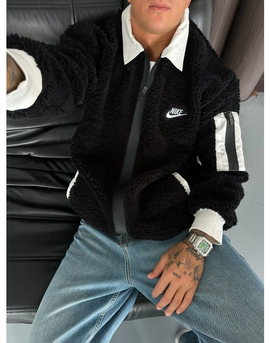 KOL CEP DETAY OVERSİZE PELUŞ HIRKA SİYAH