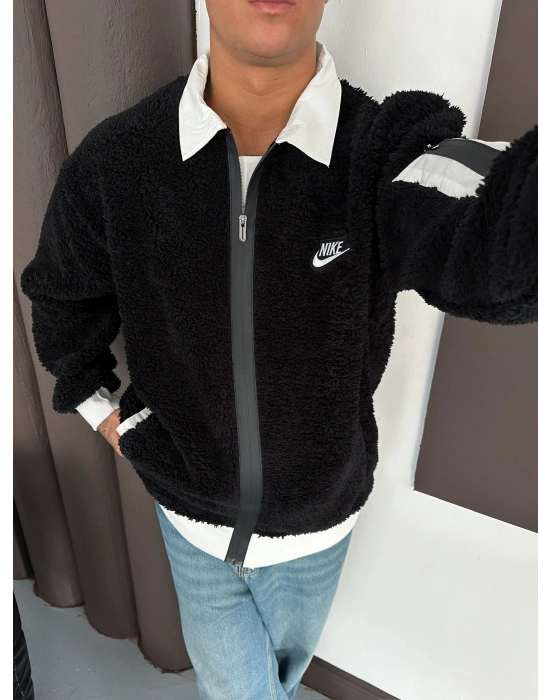 KOL CEP DETAY OVERSİZE PELUŞ HIRKA SİYAH