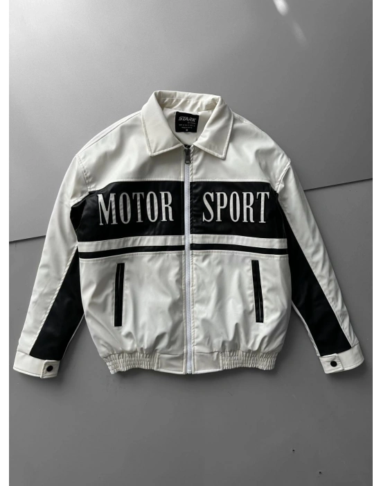 MOTOR SPORT OVERSİZE DERİ CEKET BEYAZ