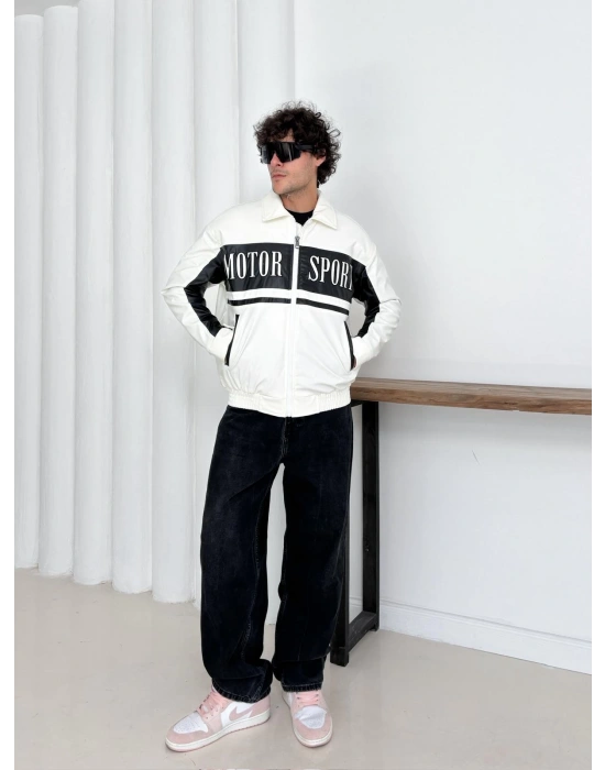 MOTOR SPORT OVERSİZE DERİ CEKET BEYAZ