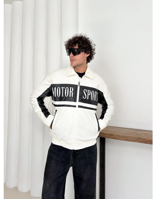 MOTOR SPORT OVERSİZE DERİ CEKET BEYAZ
