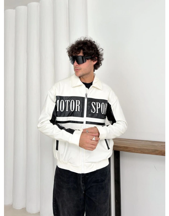 MOTOR SPORT OVERSİZE DERİ CEKET BEYAZ