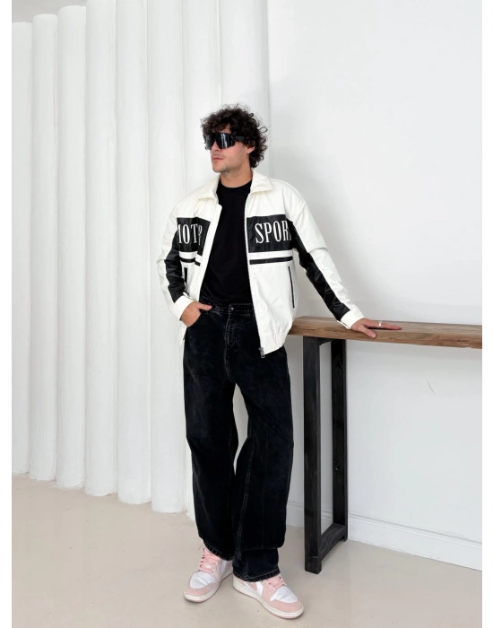 MOTOR SPORT OVERSİZE DERİ CEKET BEYAZ