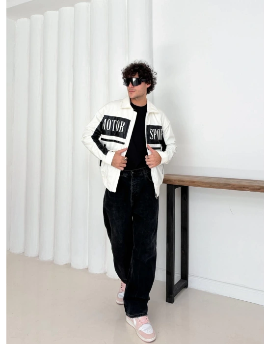 MOTOR SPORT OVERSİZE DERİ CEKET BEYAZ