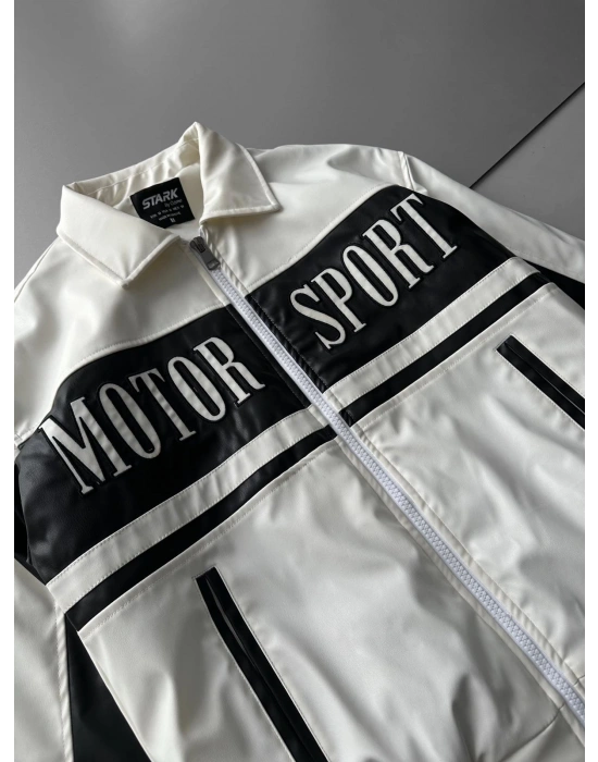 MOTOR SPORT OVERSİZE DERİ CEKET BEYAZ