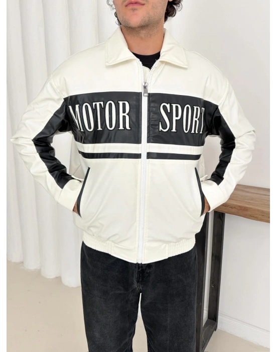 MOTOR SPORT OVERSİZE DERİ CEKET BEYAZ