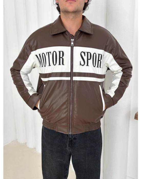 MOTOR SPORT OVERSİZE DERİ CEKET KAHVERENGİ