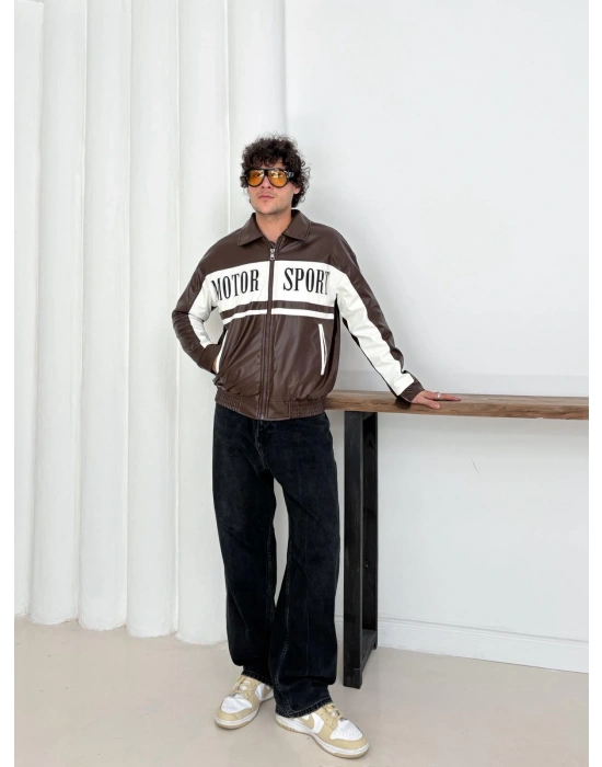 MOTOR SPORT OVERSİZE DERİ CEKET KAHVERENGİ