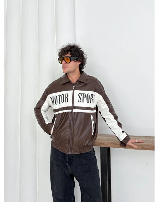 MOTOR SPORT OVERSİZE DERİ CEKET KAHVERENGİ