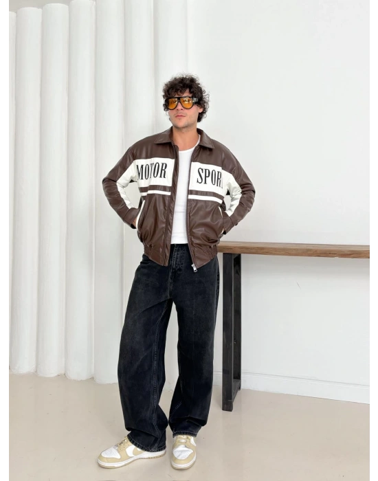 MOTOR SPORT OVERSİZE DERİ CEKET KAHVERENGİ