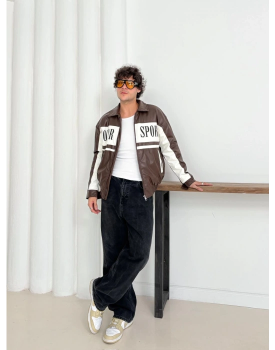 MOTOR SPORT OVERSİZE DERİ CEKET KAHVERENGİ